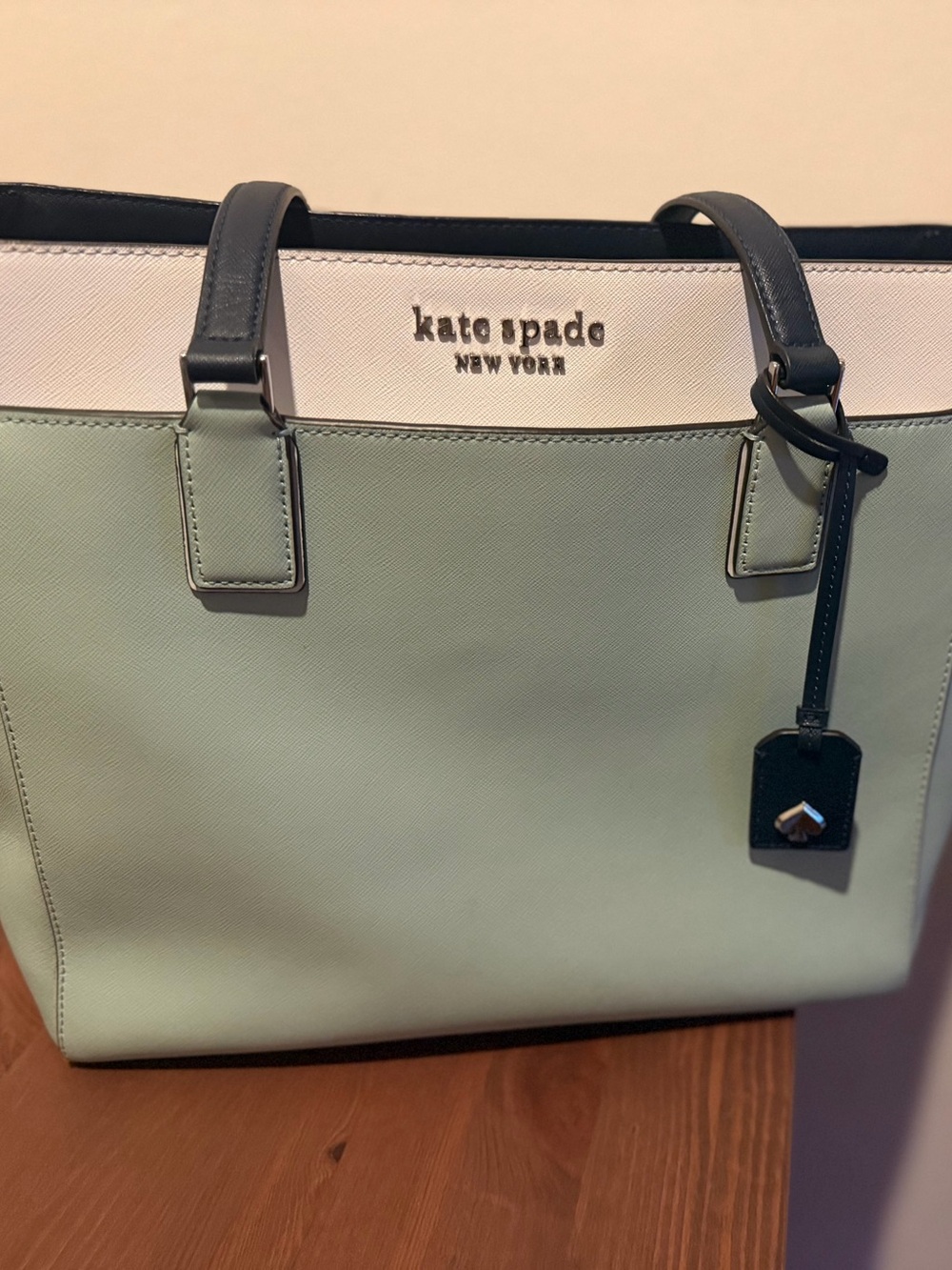 kate spade Mint Green and White Leather Tote with Black Trim